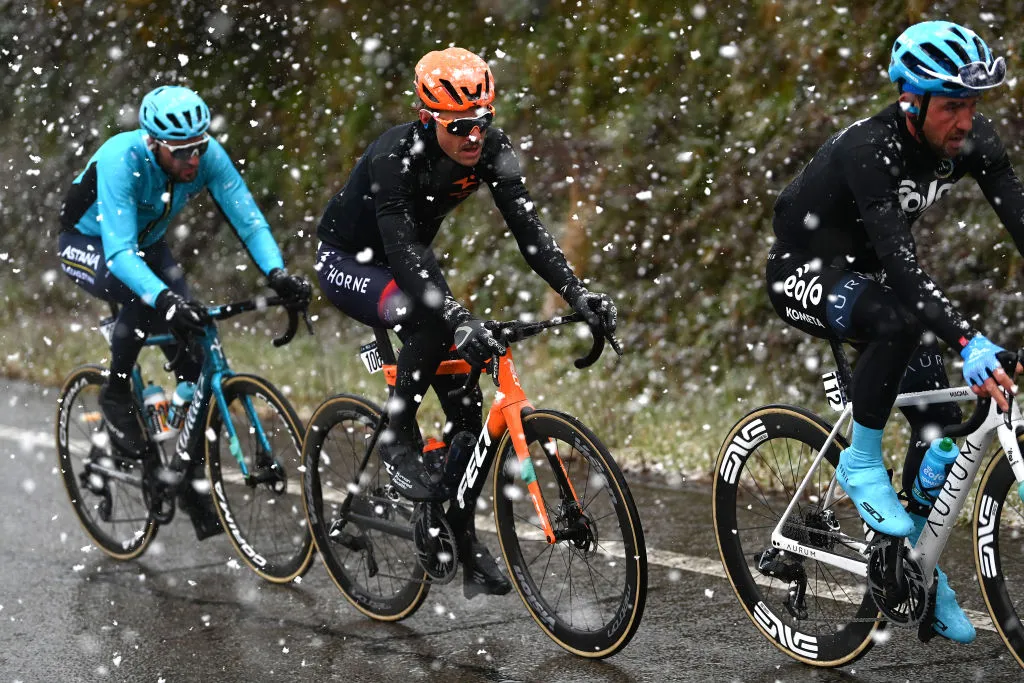 SARRIA, SPAIN - FEBRUARY 23: Sebastian Schönberger of Austria and Team Human Powered Health competes in the breakaway during the 2nd O Gran Camiño 2023, Stage 1 a 188km stage from Muralla de Lugo to Sarria / Race cancelled due to the snowfall / on February 23, 2023 in Sarria, Spain.