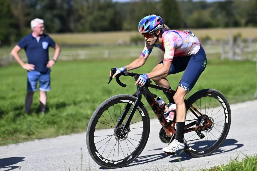 UCI Women's WorldTeam CanyonSRAM's Australian rider Tiffany Cromwell cycles during the elite race at the European and Belgian Gravel Championships in Heverlee, Leuven, on October 1, 2023.