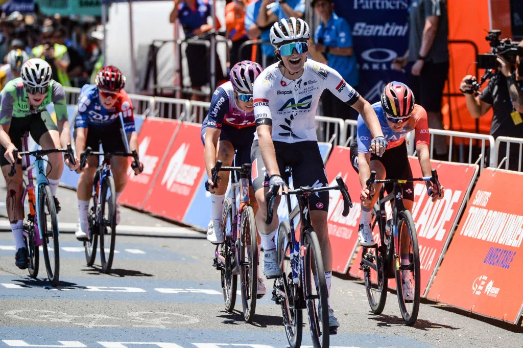AG Insurance-Soudal Team rider Ally Wollaston of New Zealand reacts as she crosses the finish line to win the first stage of the Tour Down cycling race in Adelaide on January 12, 2024.