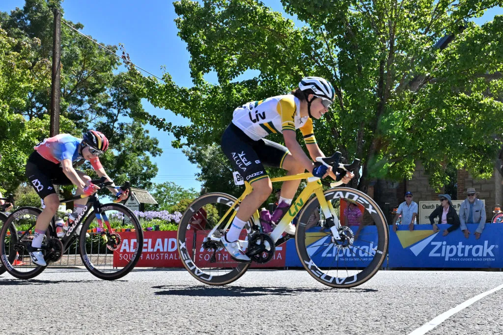 Liv-Alula-Jayco rider Ruby Roseman-Gannon of Australia competes in the first stage of the Tour Down cycling race in Adelaide on January 12, 2024.