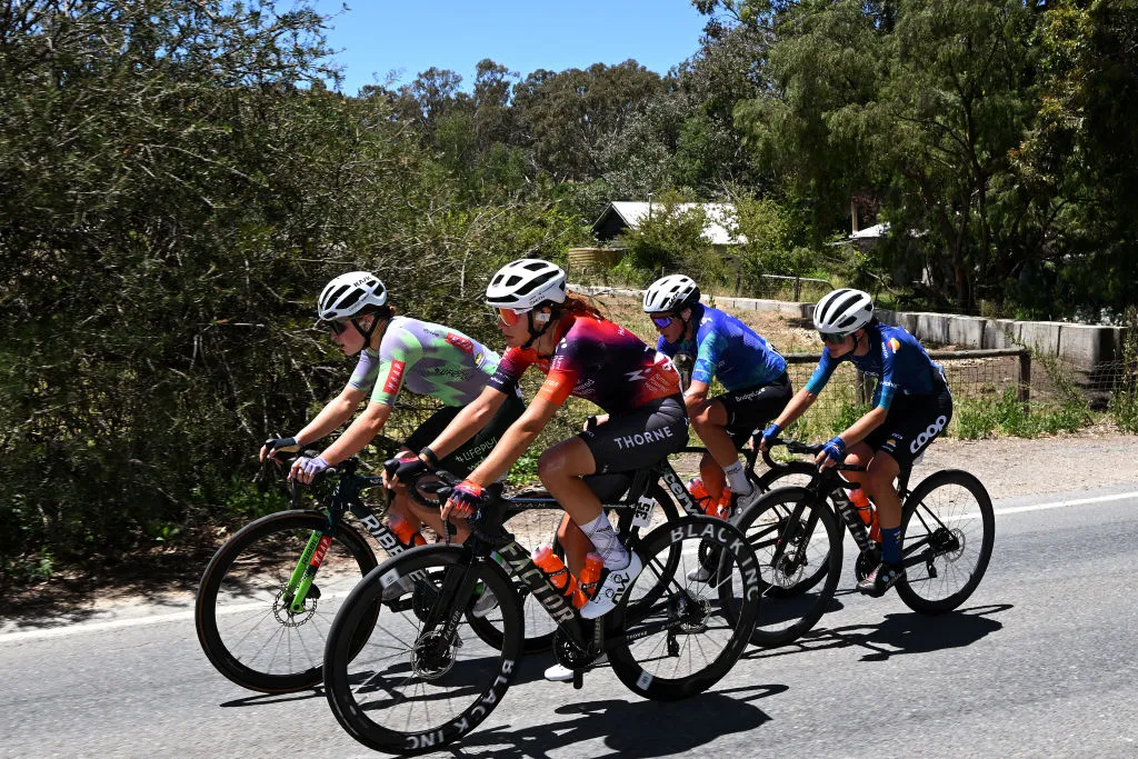 CAMPBELLTOWN, AUSTRALIA - JANUARY 12: (L-R) Kate Richardson of United Kingdom and Team Lifeplus Wahoo, Katia Ragusa of Italy and Team Human Powered Health, Matilda Raynolds of Australia and Team Bridgelane and India Grangier of France and Team Coop - Repsol compete in the breakaway during the 8th Santos Women's Tour Down Under 2024, Stage 1 a 93.9km stage from Hahndorf to Campbelltown / #UCIWWT / on January 12, 2024 in Campbelltown, Australia.