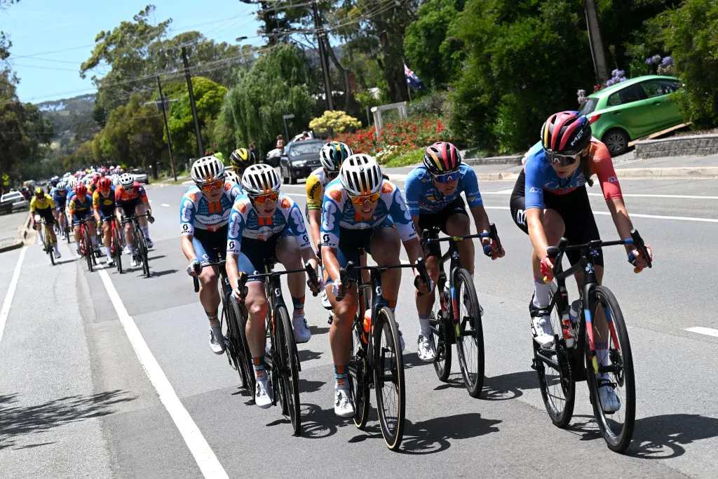 WILLUNGA HILL, AUSTRALIA - JANUARY 14: (L-R) Franziska Koch of Germany and Team DSM-Firmenich Postnl and Sofia Bertizzolo of Italy and UAE Team Adq Blue Sprint Jersey attack during the 8th Santos Women's Tour Down Under 2024, Stage 3 a 93.4km stage from Adelaide to Willunga Hill 370m / #UCIWWT / on January 14, 2024 in Willunga Hill, Australia.