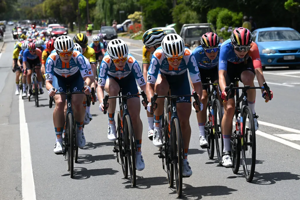 WILLUNGA HILL, AUSTRALIA - JANUARY 14: (L-R) Franziska Koch of Germany and Team DSM-Firmenich Postnl and Dominika Wlodarczyk of Poland and UAE Team Adq attack during the 8th Santos Women's Tour Down Under 2024, Stage 3 a 93.4km stage from Adelaide to Willunga Hill 370m / #UCIWWT / on January 14, 2024 in Willunga Hill, Australia.