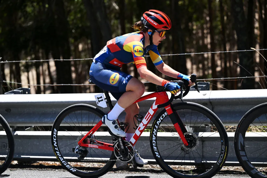 WILLUNGA HILL, AUSTRALIA - JANUARY 14: Amanda Spratt of Australia and Team Lidl-Trek competes in the chase group climbing to Willunga Hill (370m) during the 8th Santos Women's Tour Down Under 2024, Stage 3 a 93.4km stage from Adelaide to Willunga Hill 370m / #UCIWWT / on January 14, 2024 in Willunga Hill, Australia.