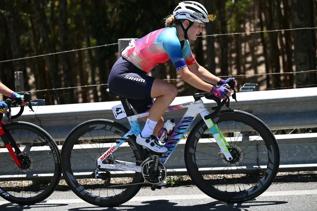 WILLUNGA HILL, AUSTRALIA - JANUARY 14: Neve Bradbury of Australia and Team Canyon//SRAM Racing competes in the chase group climbing to Willunga Hill (370m) during the 8th Santos Women's Tour Down Under 2024, Stage 3 a 93.4km stage from Adelaide to Willunga Hill 370m / #UCIWWT / on January 14, 2024 in Willunga Hill, Australia.