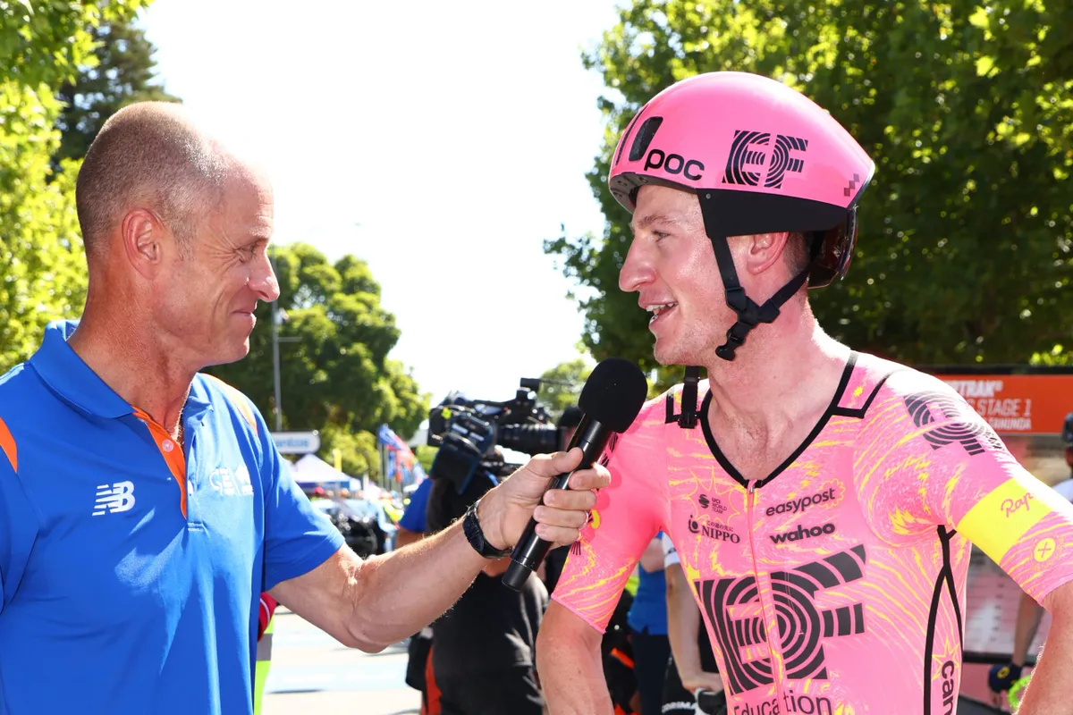 Harry Sweeney of Australia and EF Education-Easypost team fields questions before the start of the 24th Santos Tour Down Under