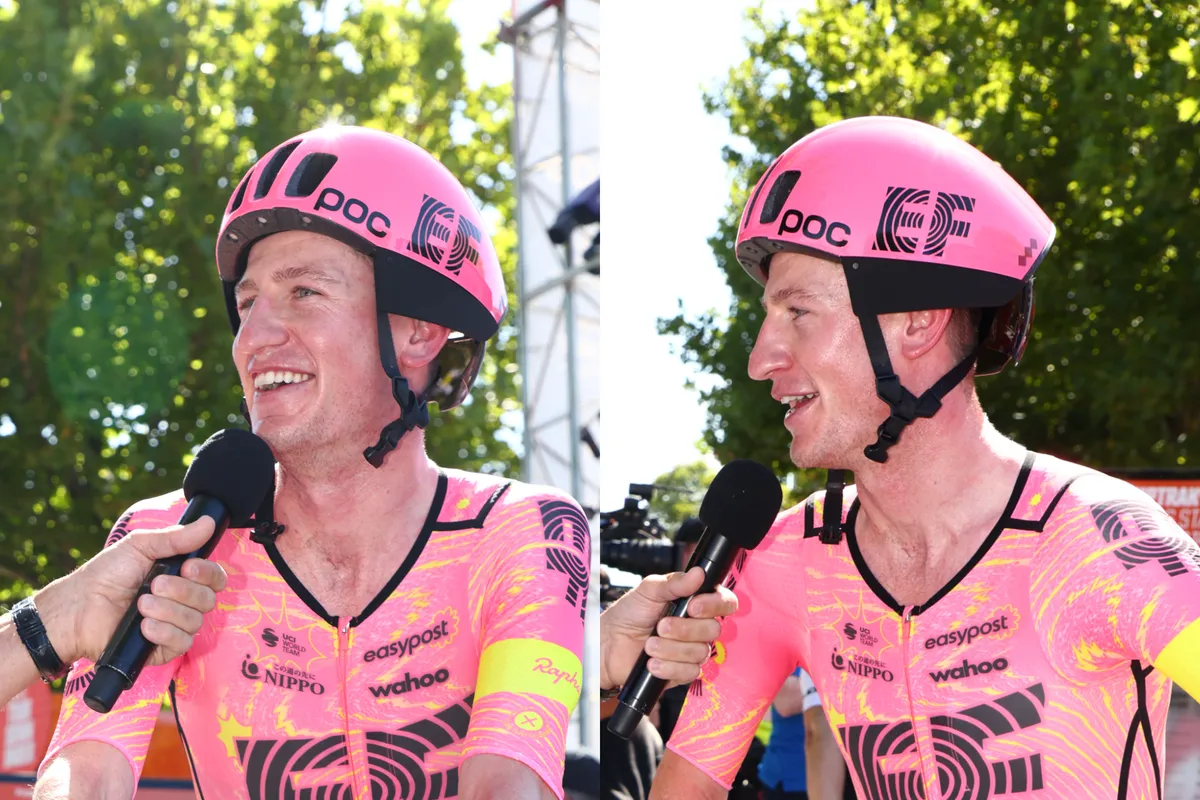Harry Sweeney of Australia and EF Education-Easypost team fields questions before the start of the 24th Santos Tour Down Under