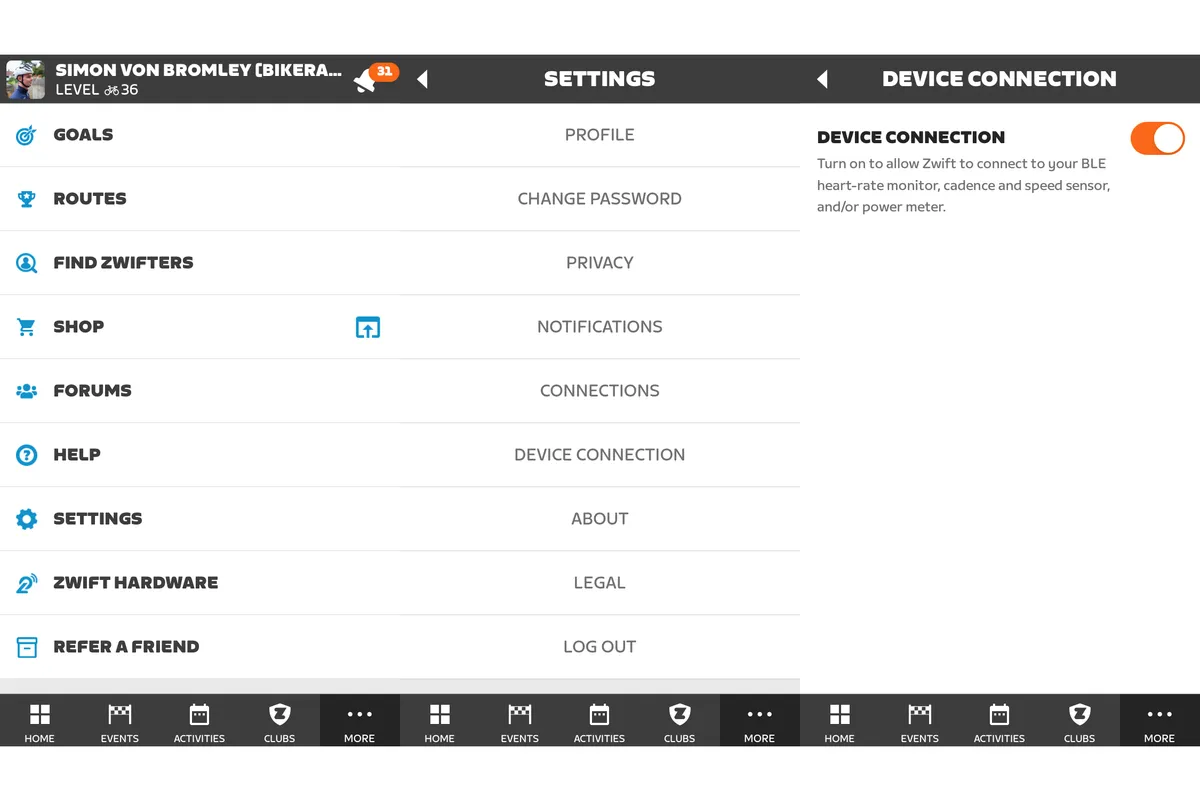 Zwift graphic showing device connection settings.