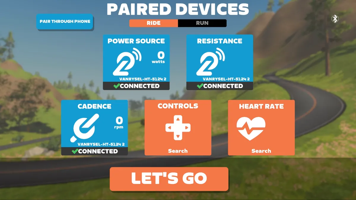 In-game graphic from Zwift showing paired devices page.