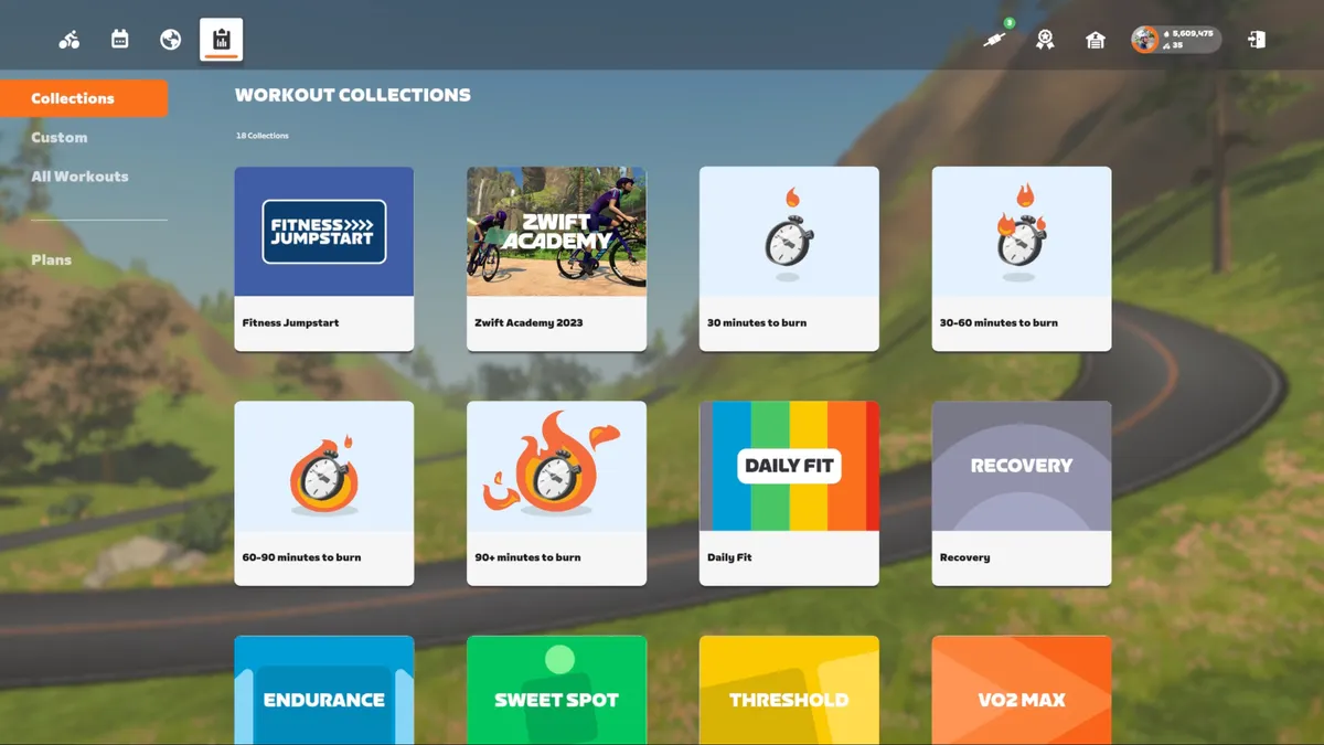 Screenshot showing workout collections in Zwift.
