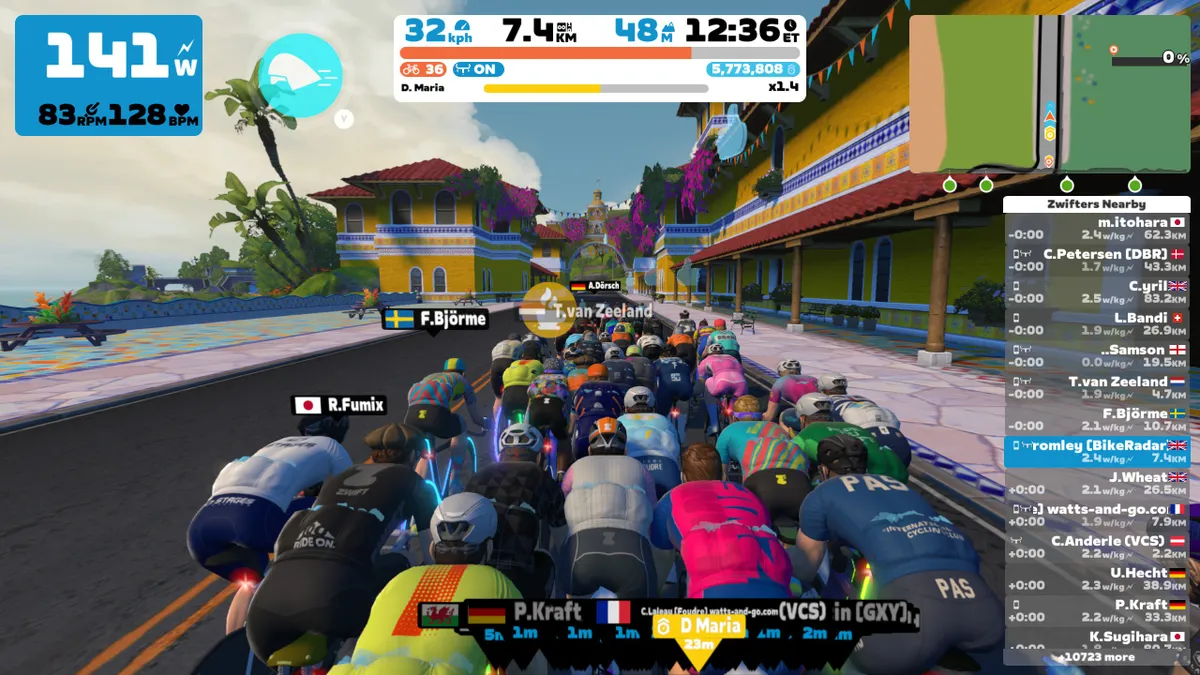 Screengrab from Zwift using the Van Rysel D900 smart trainer