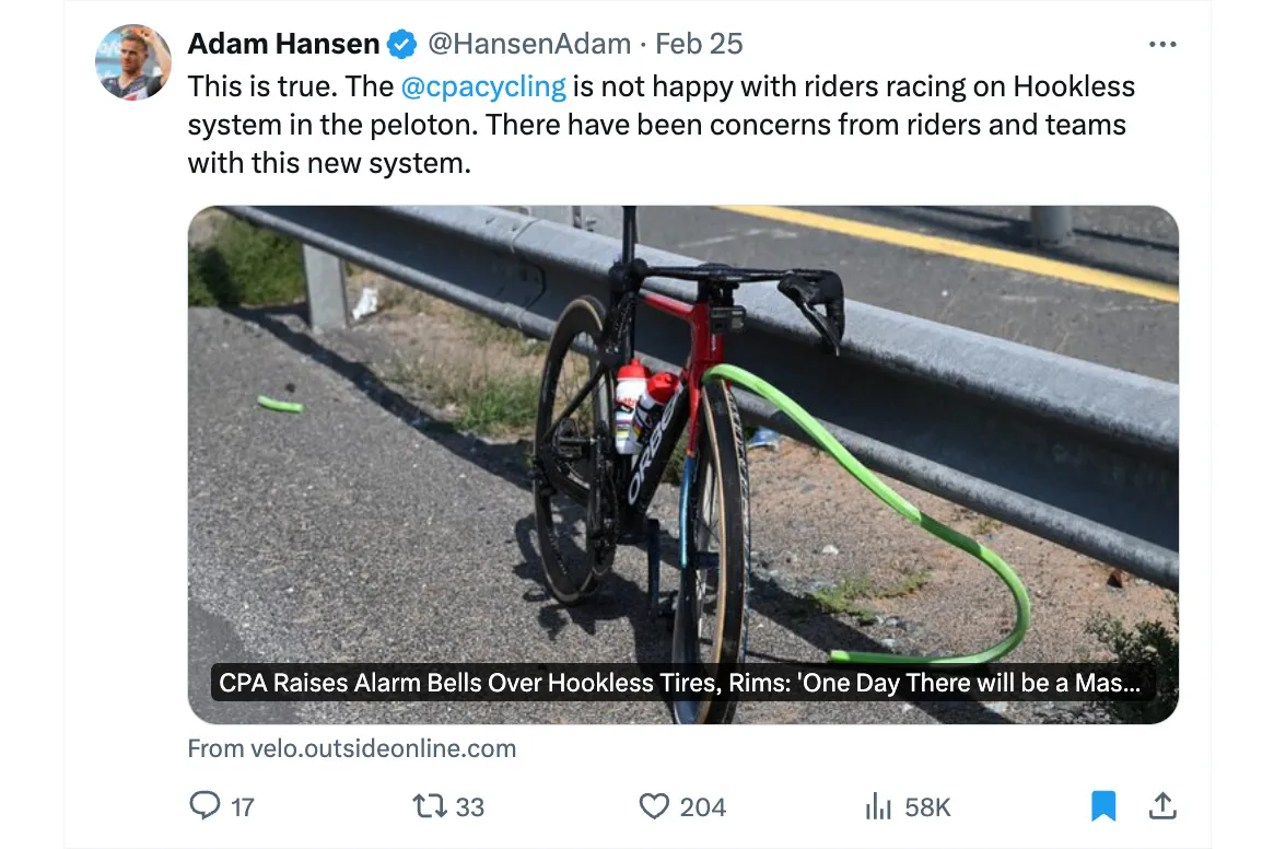 Adam Hansen's tweet about hookless rims from 25/02/2024