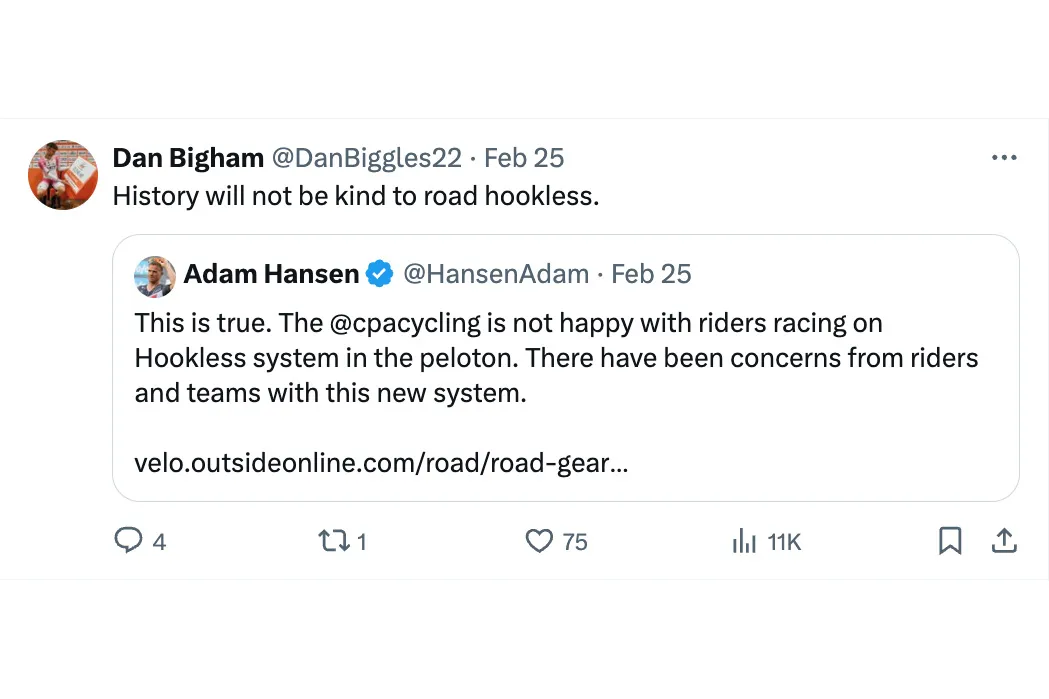 Dan Bigham's tweet about hookless rims from 25/02/2024