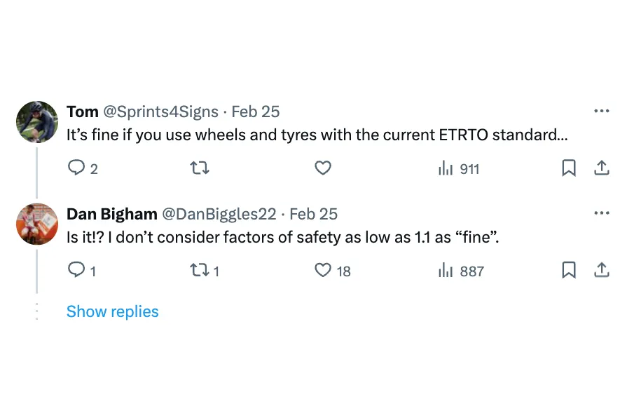 Dan Bigham's tweet about hookless rims and factors of safety from 25/02/2024