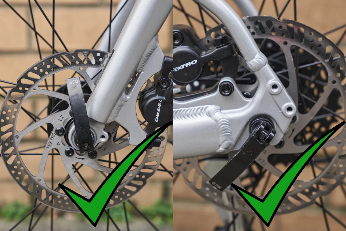 The correct quick-release positions for a disc-brake wheel. 