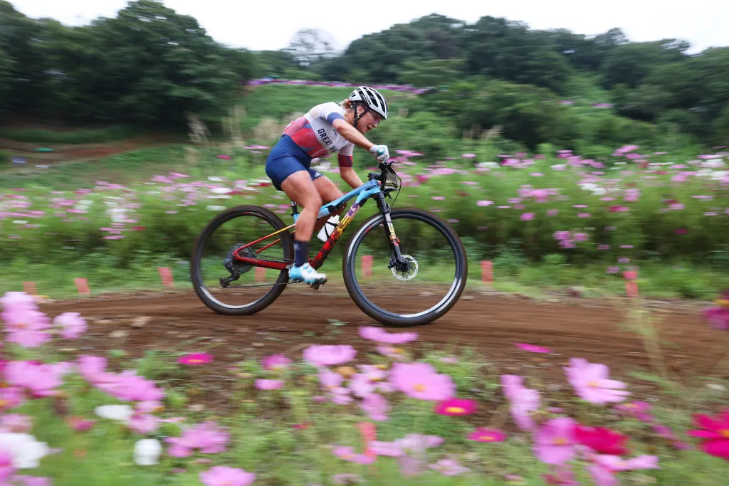 IZU, JAPAN - JULY 27: Evie Richards of Team Great Britain rides during the Women's Cross-country race on day four of the Tokyo 2020 Olympic Games at Izu Mountain Bike Course on July 27, 2021 in Izu, Shizuoka, Japan. (Photo by Michael Steele/Getty Images)