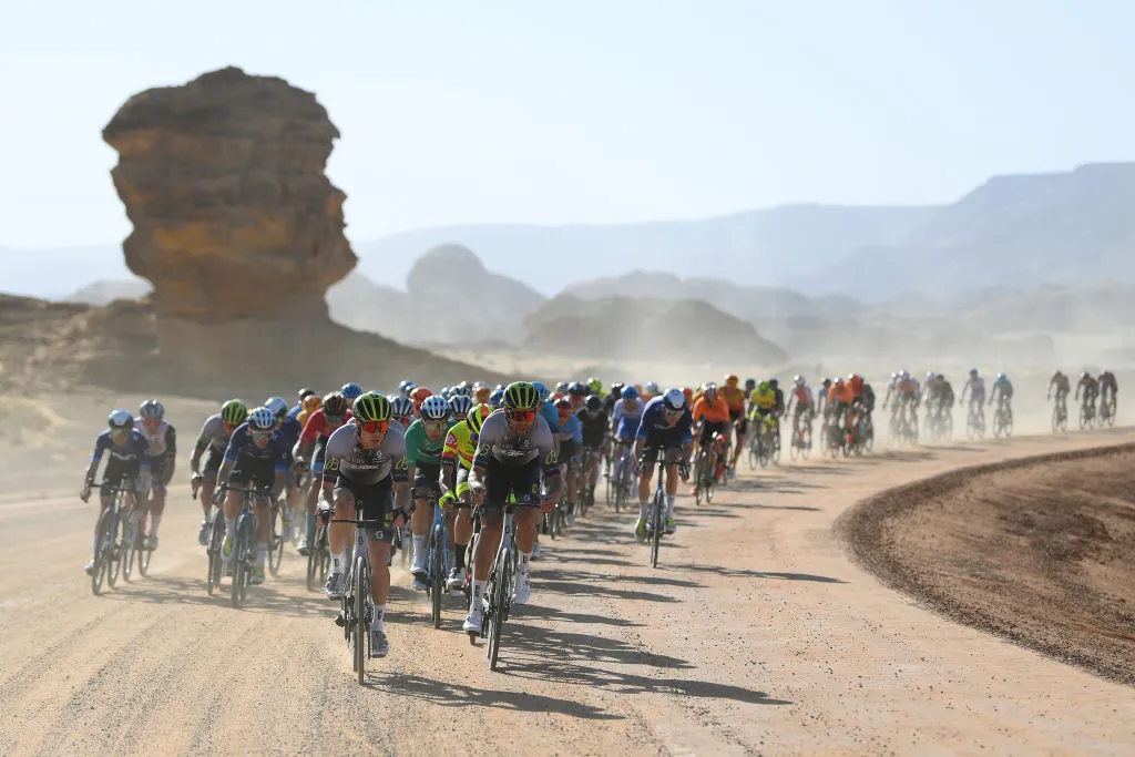 A general view of the peloton competing during the 3rd Saudi Tour 2023.