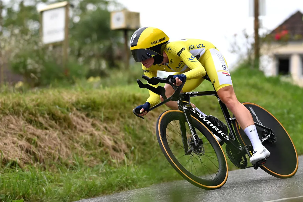 Demi Vollering of The Netherlands and Team SD Worx-Protime wearing a yellow skinsuit at the 2023 Tour de France Femmes.
