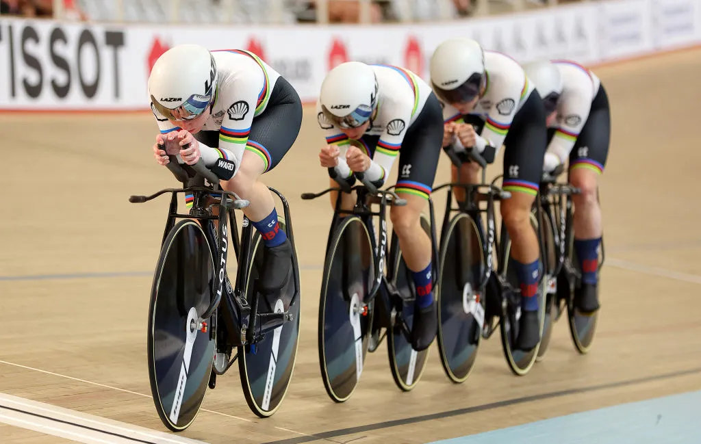 Great Britain's Womens Pursuit team racing at the 2024 Track Nations Cup at the Adelaide Super-Drome on February 02, 2024.