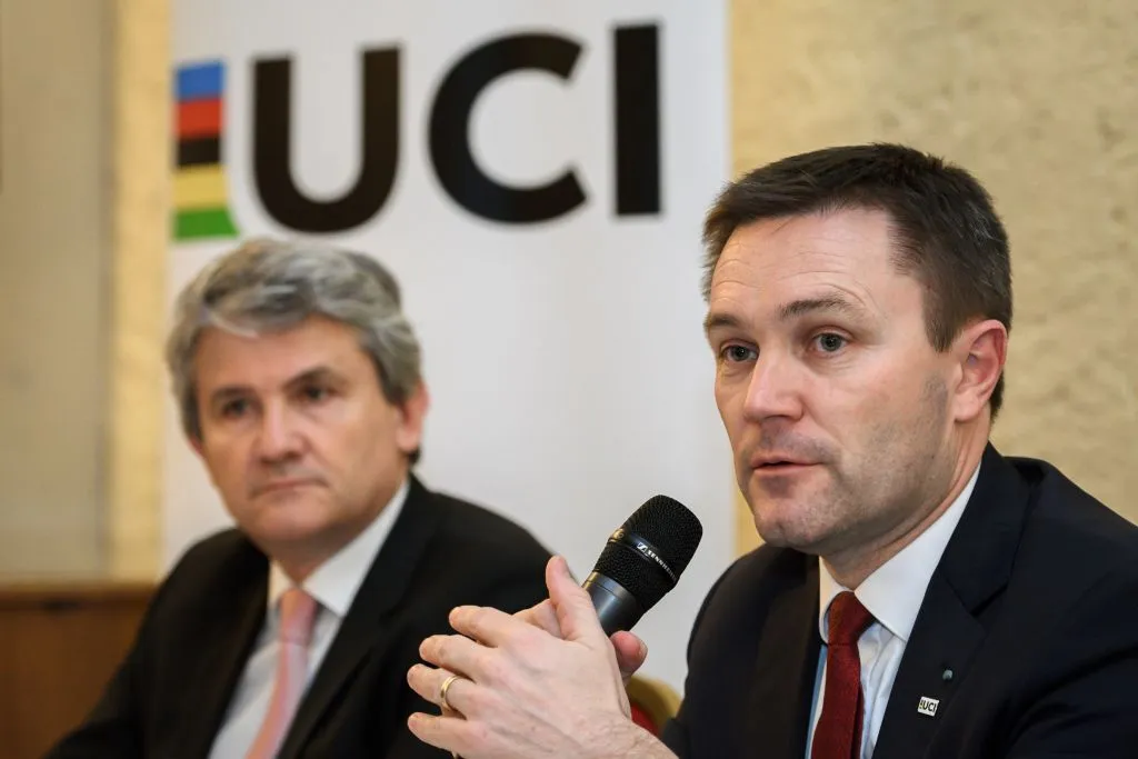 David Lappartient (R) speaks next to CEA Tech deputy director Gabriele Fioni during a press conference.