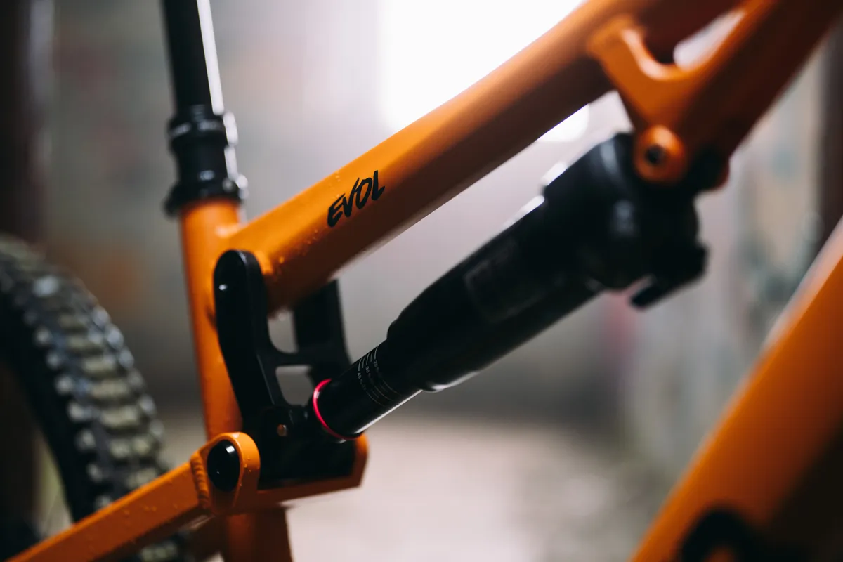 Close-up of shock on Sonder Evol mountain bike.