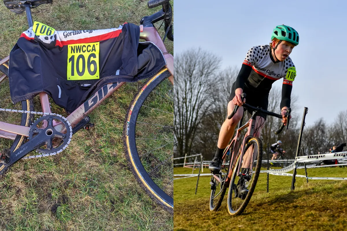 Collage of Giant TCX Advanced Pro 2 and Jack Evans taking corne