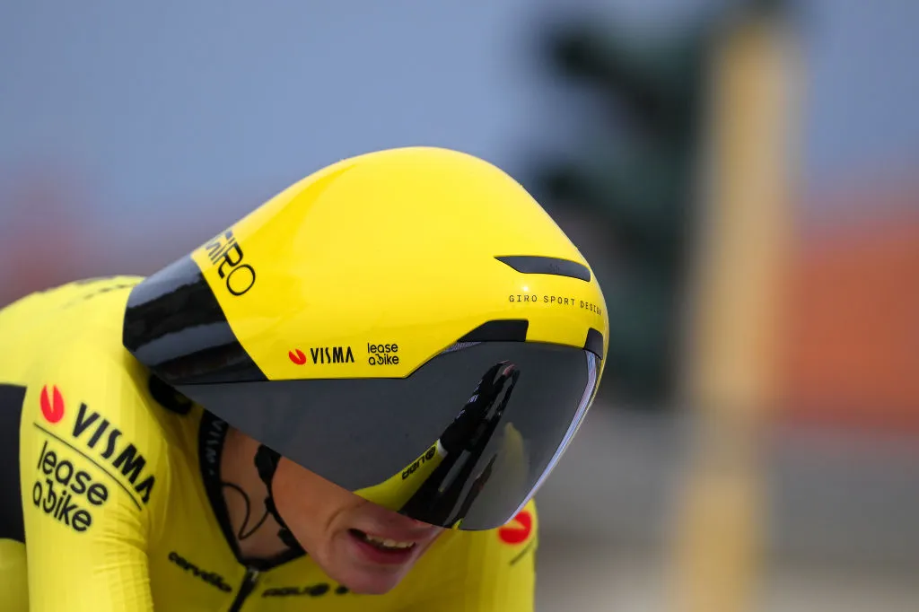 Jonas Vingegaard wearing large time trial helmet at Tirreno-Adriatico 2024.