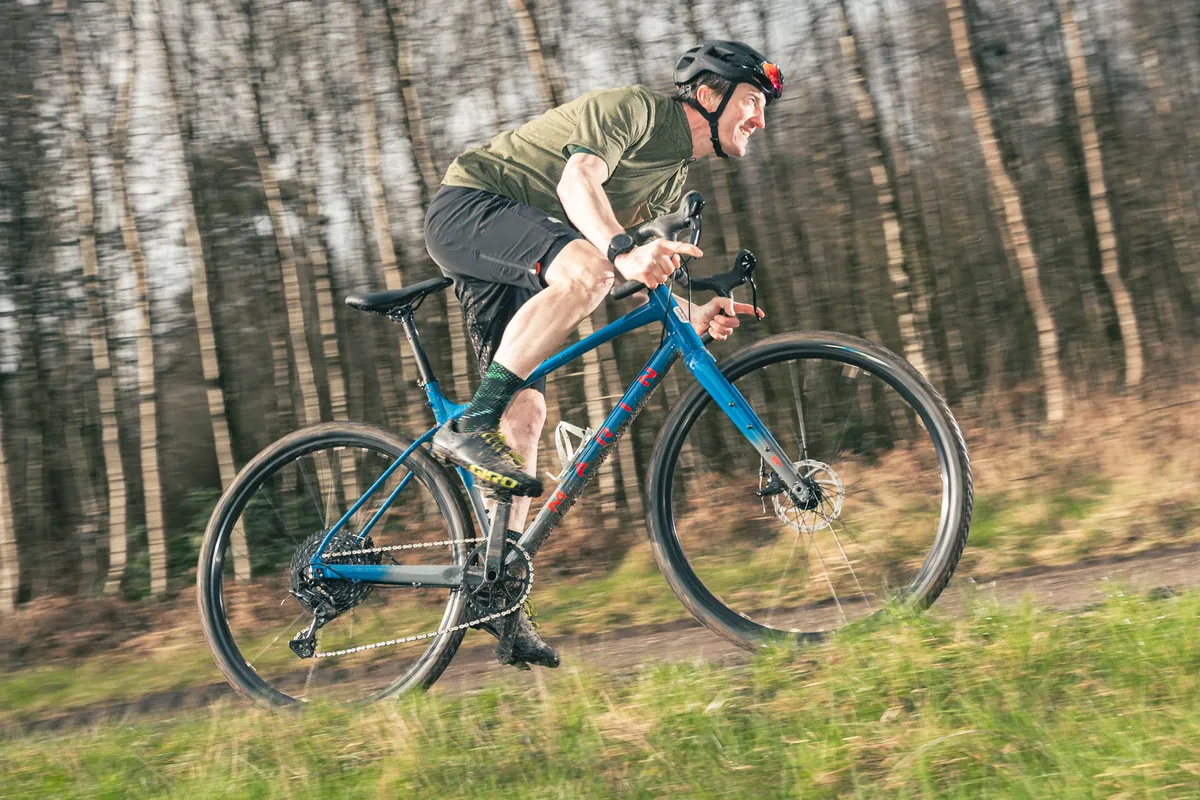 Male cyclist riding the Marin Gestalt X10 gravel bike