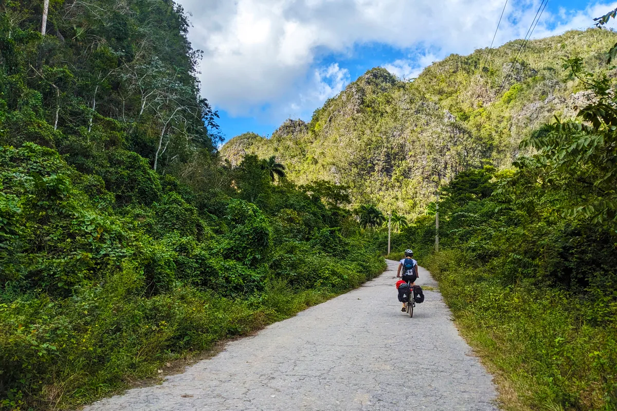 Woman riding bike along road in Cuba surrounded by forest.