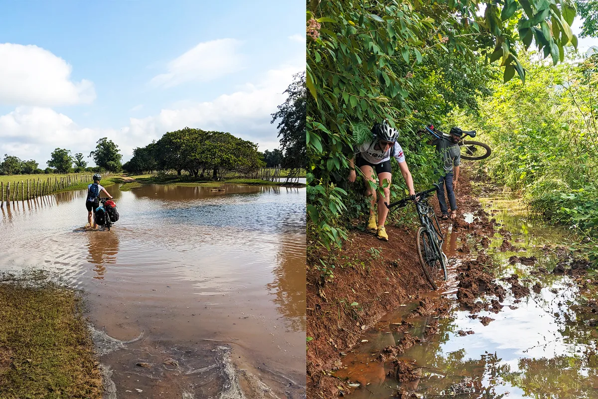 Collage of two images showing people walk bikes through massive puddles.