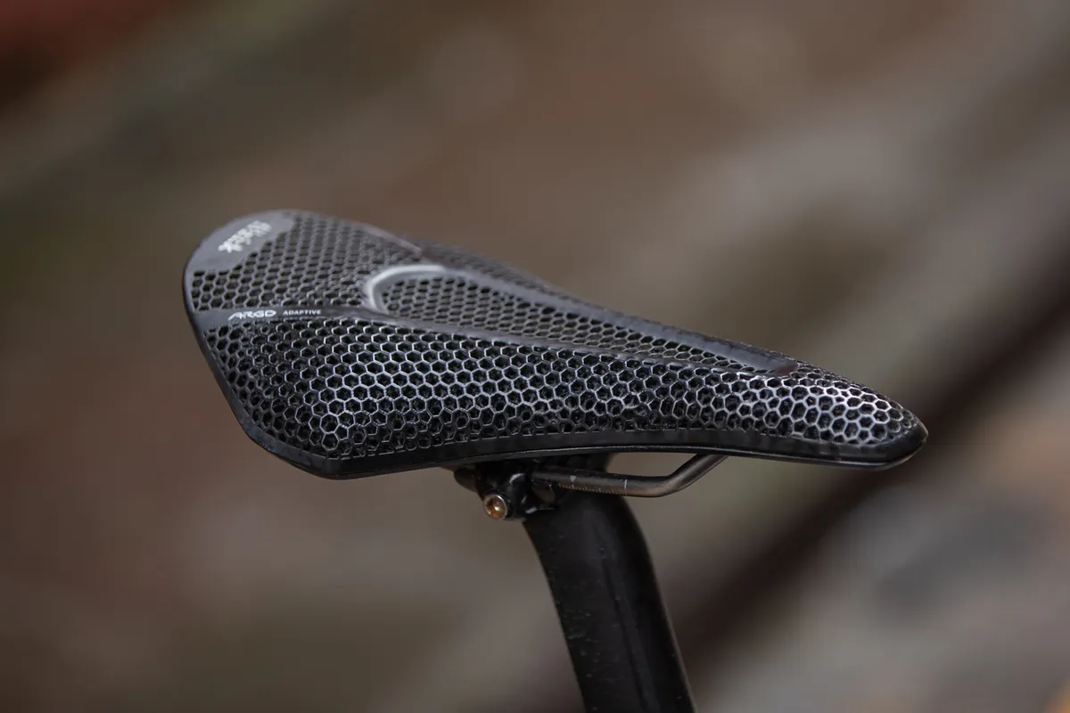 Close-up of Fizik 3D-printed saddle on Ridley Noah Disc Essential.