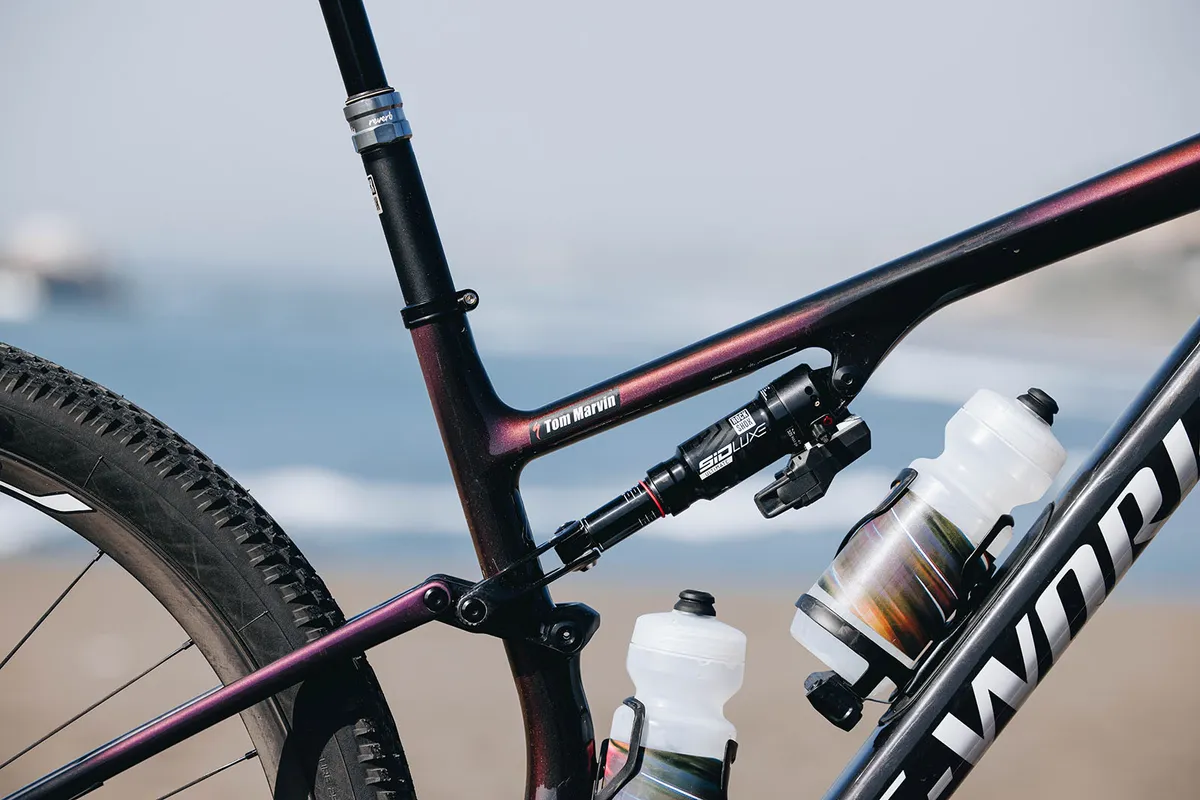 Specialized S-Works Epic 8 full suspension mountain bike is equipped with a RockShox SIDLuxe Ultimate Flight Attendant