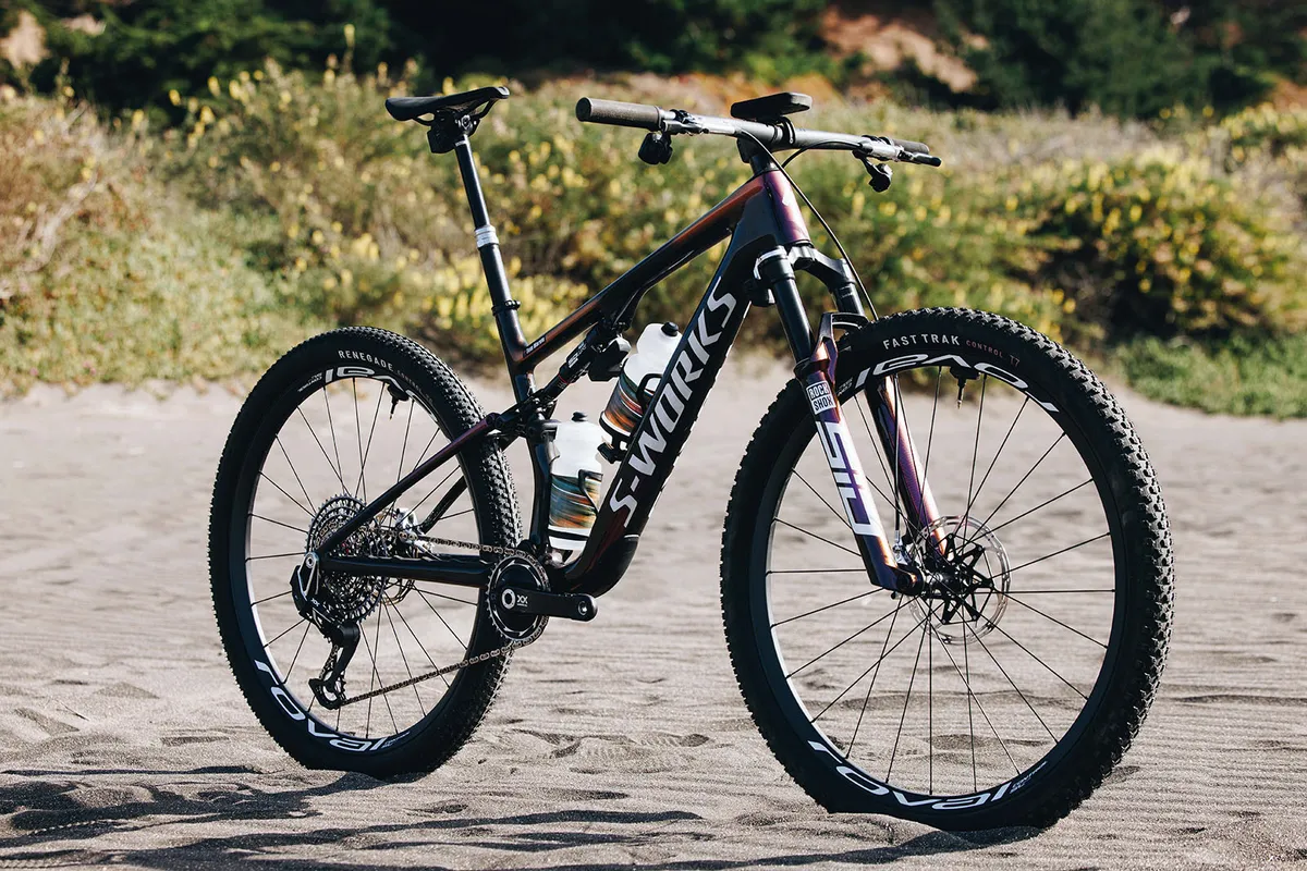 Three quarter shot of the Specialized S-Works Epic 8 full suspension mountain bike
