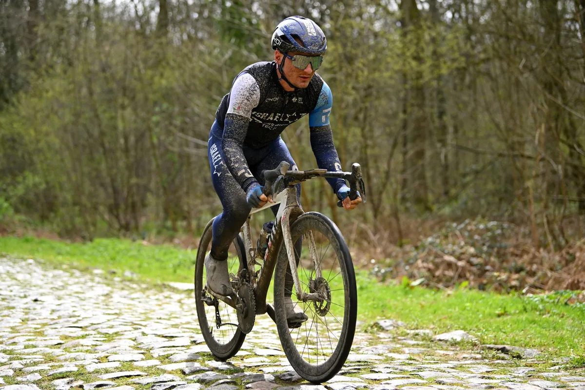 Israel Premier-Tech using Factor Ostro Gravel on recon of Paris-Roubaix's Arenberg sector