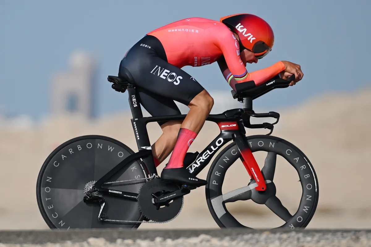 Tobias Foss riding the time trial at the 2024 UAE Tour