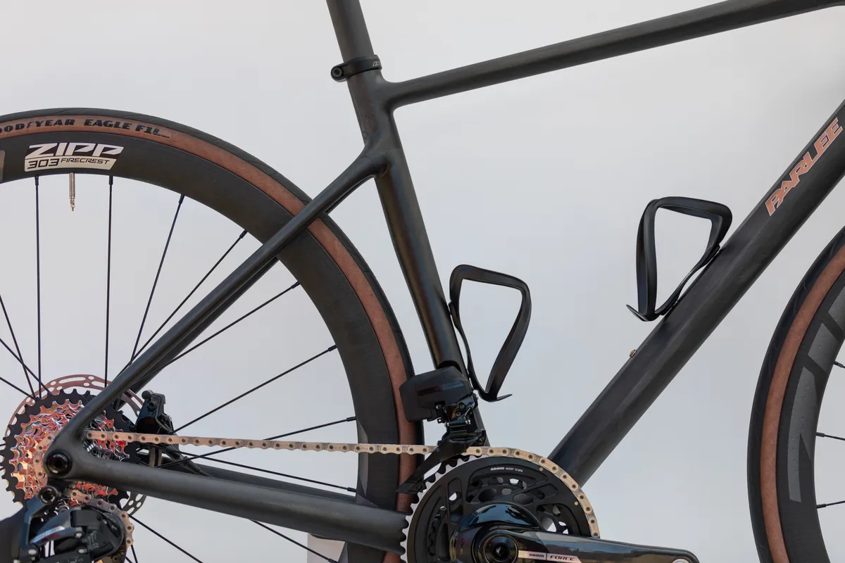 Seat tube on the Parlee Ouray all-road bike at the 2024 Sea Otter Classic