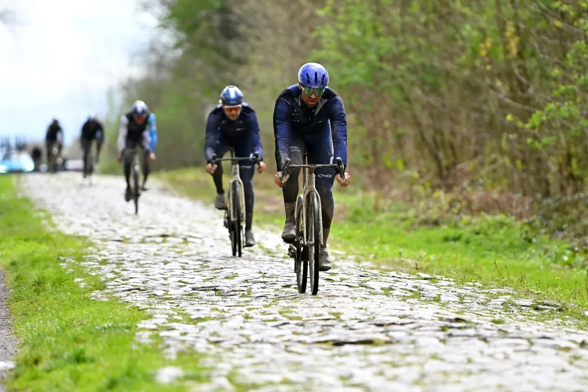 Israel Premier-Tech using Factor Ostro Gravel on recon of Paris-Roubaix's Arenberg sector