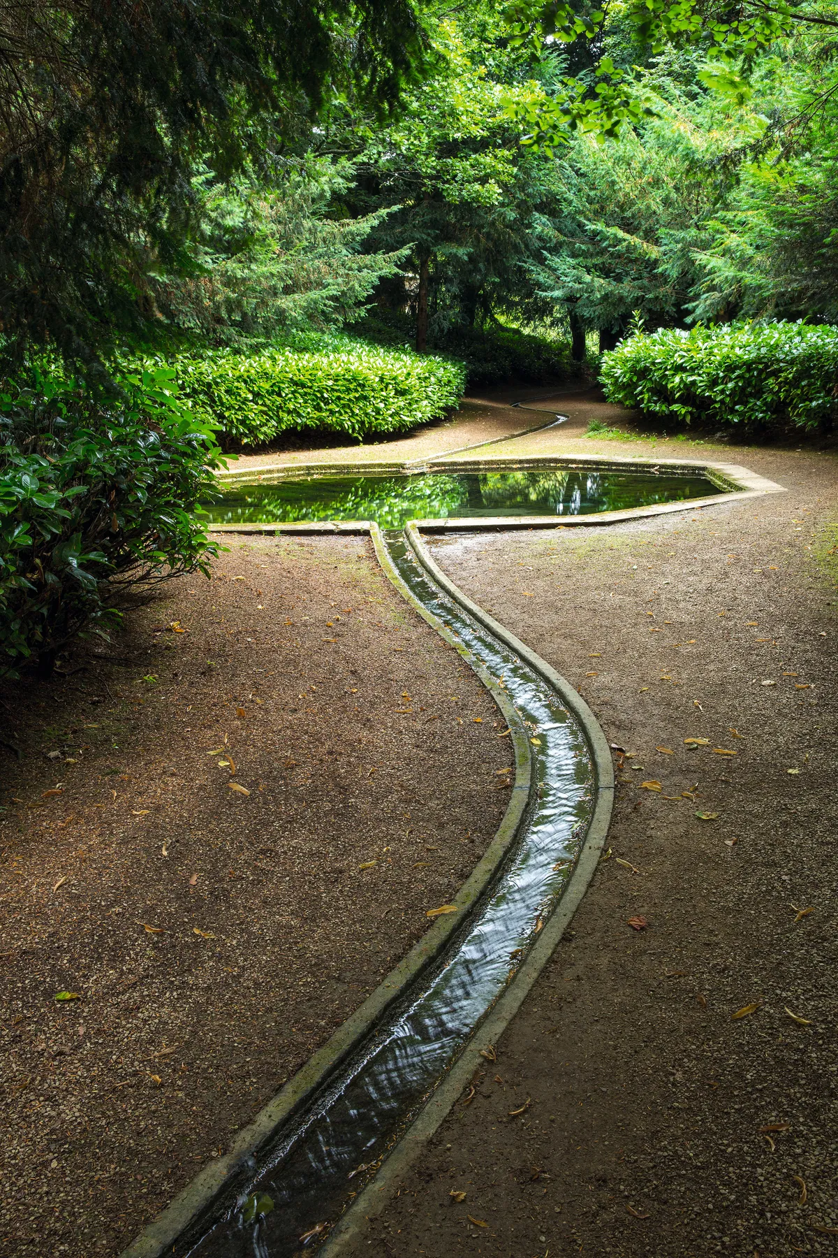 A paved area with a serpentine rill leads running water to a tranquil and still pond surrounded by greenery and trees