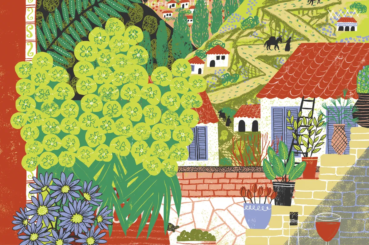 A bright and colourful illustration depicts Mani in southern Greece