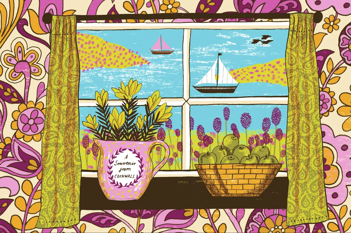 Colourful illustration by Alice Pattullo of a window overlooking a sea view in Cornwall