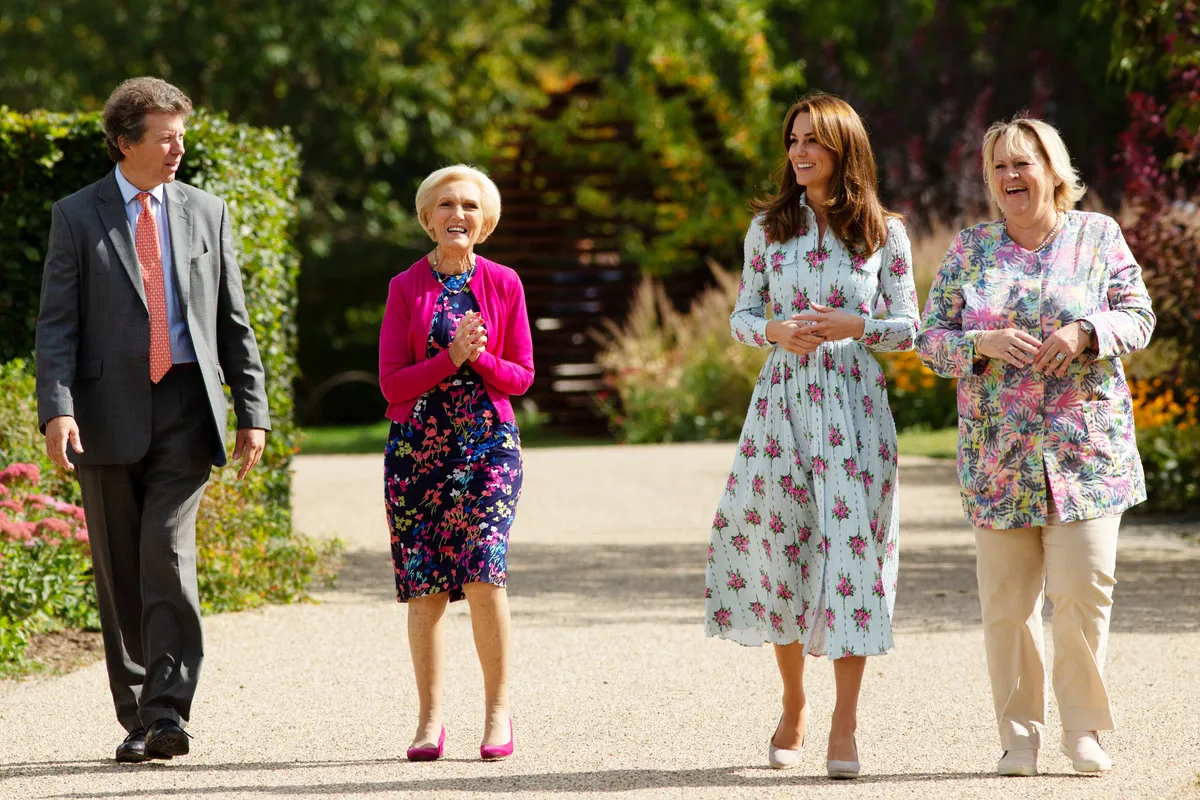 (L-R) RHS President Sir Nicholas Bacon and celebrity chef Mary Berry, Catherine, Duchess of Cambridge and RHS Director General Sue Biggs attend the launch of her Back to Nature Garden and the Back to Nature Festival at RHS Garden Wisley