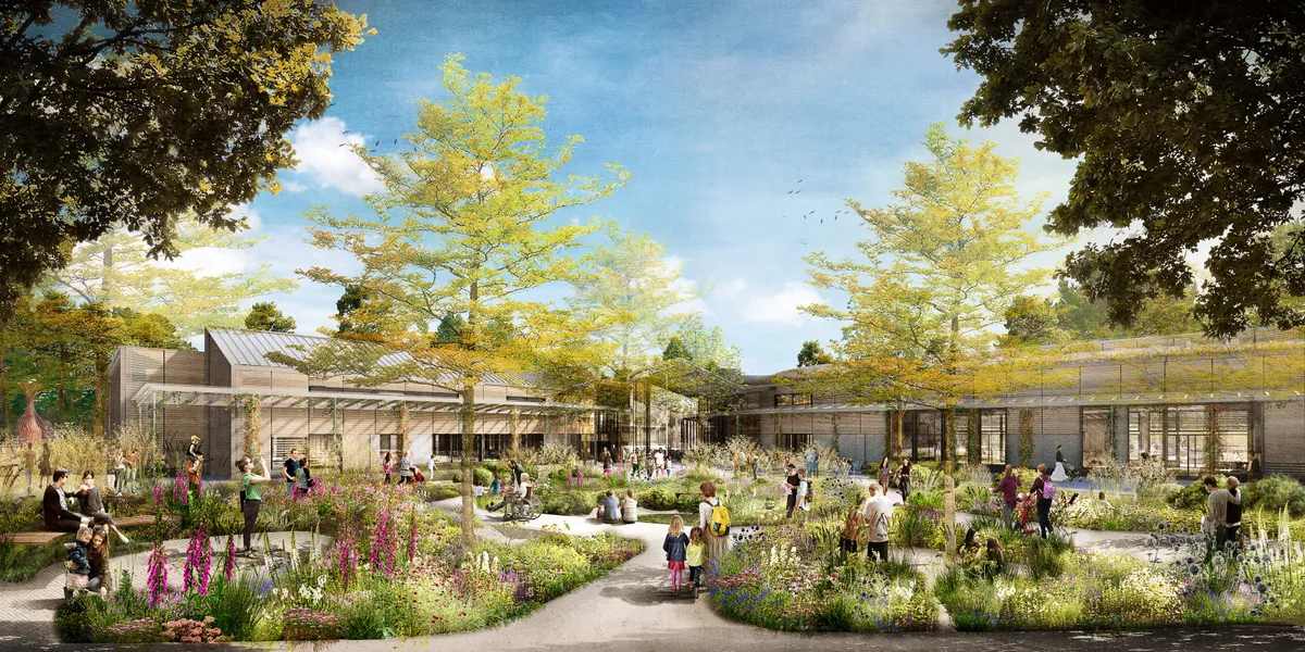 Architect's visualisation of external view of the new Wisley Centre for Horticultural Science and Learning