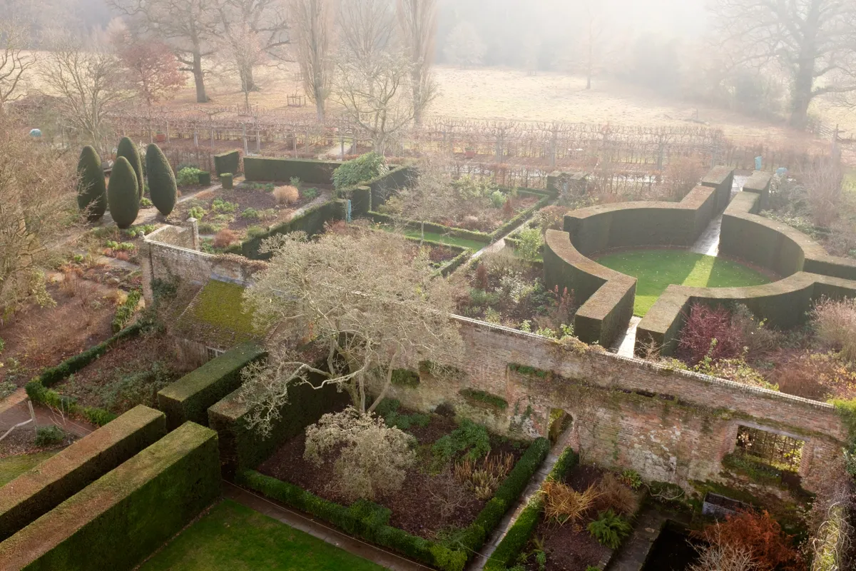 View of the rose garden from the tower at Sissinghurst, Kent.