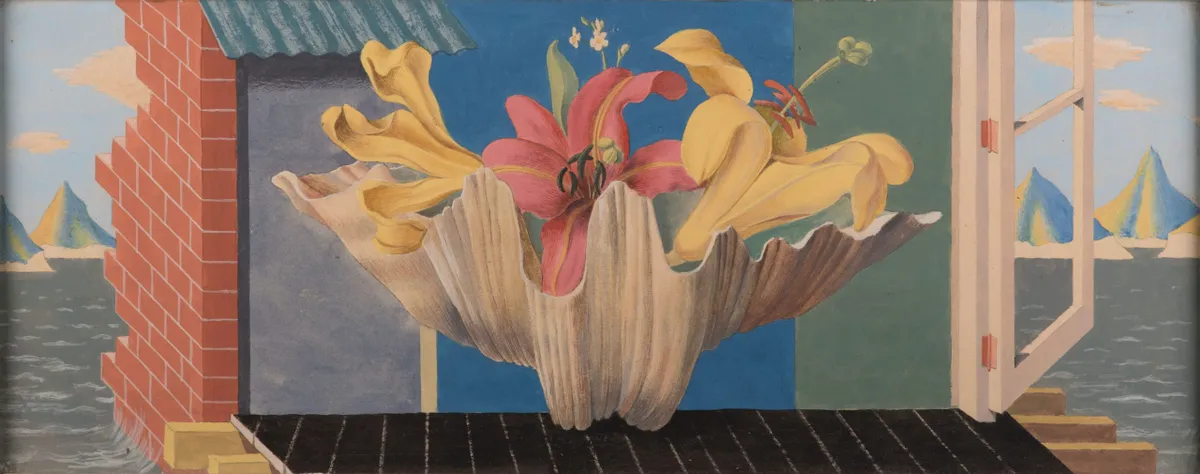 Gerald Leet (1913-1998), Yellow and pink lilies on a window ledge overlooking the sea.