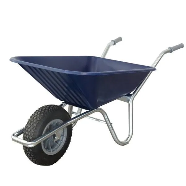 A blue wheelbarrow on a white background.
