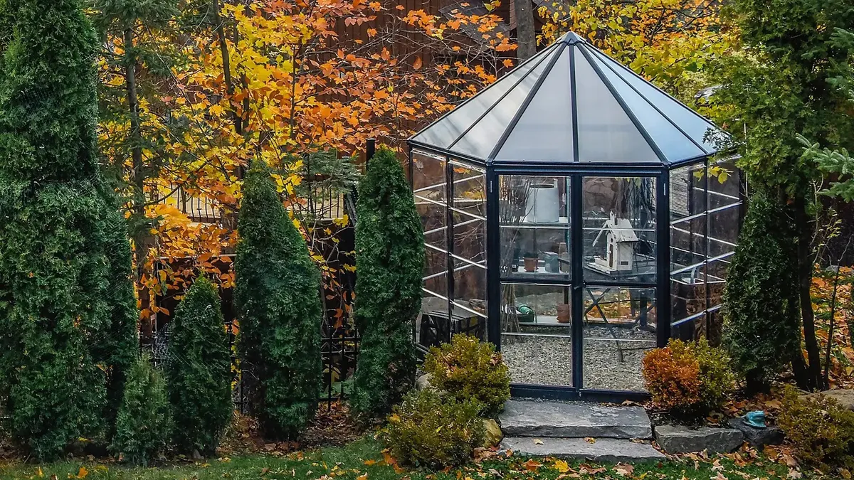 Palram Canopia Oasis Hexagonal Greenhouse 8ft Grey in a mature garden surrounded by trees
