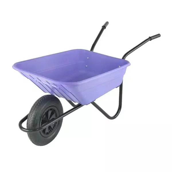 A lilac wheelbarrow with a black wheel on a white background.