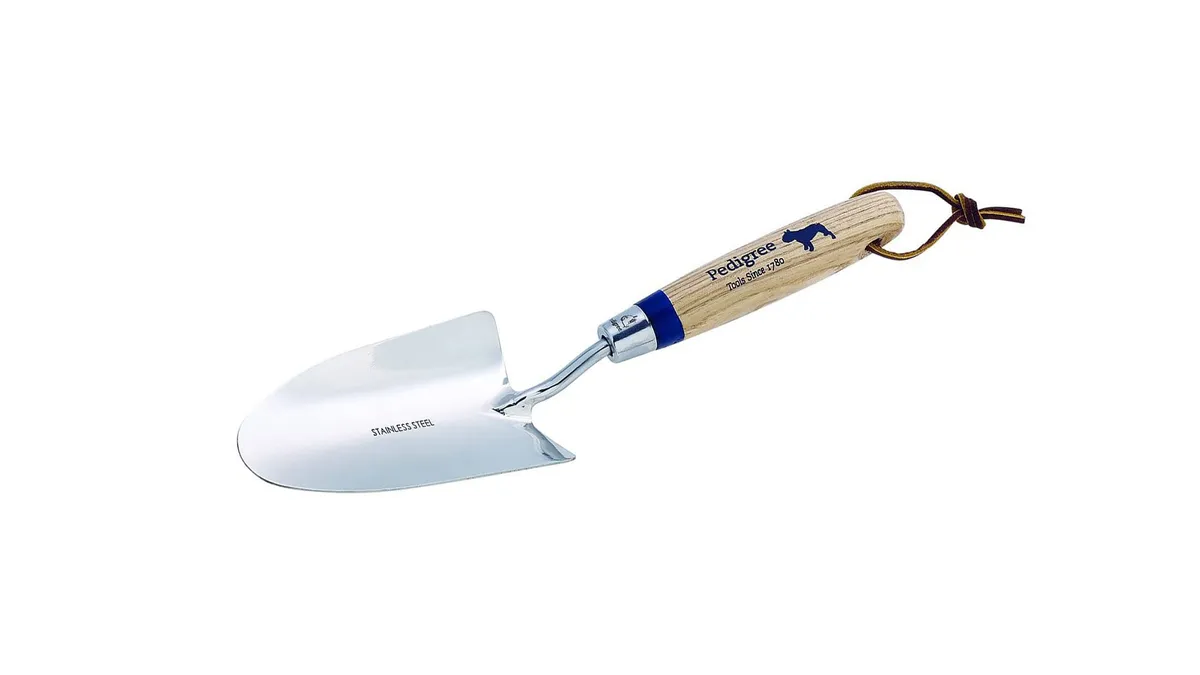 A steel hand trowel with blue text on a white background.