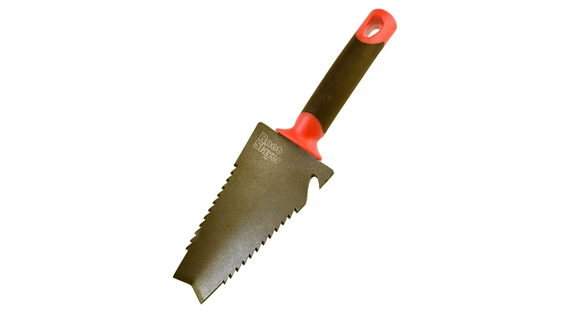 A steel hand trowel with two serrated edges on a white background.