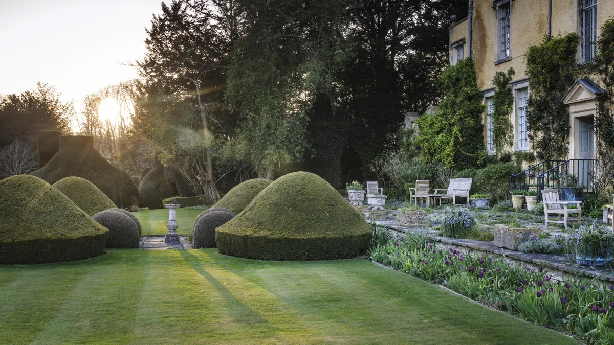 The terrace by the house has stone troughs of bulbs and flowering rosemary, with early irises and muscari between the pavers, and tulips lining the wall. The garden features topiary including four golden yews and large, ancient box and yew forms clipped into amorphous shapes